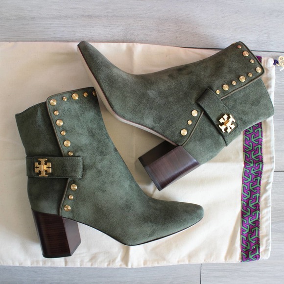 Tory Burch Kira Olive Green Suede Gold Stud Logo Ankle Bootie - Picture 4 of 17